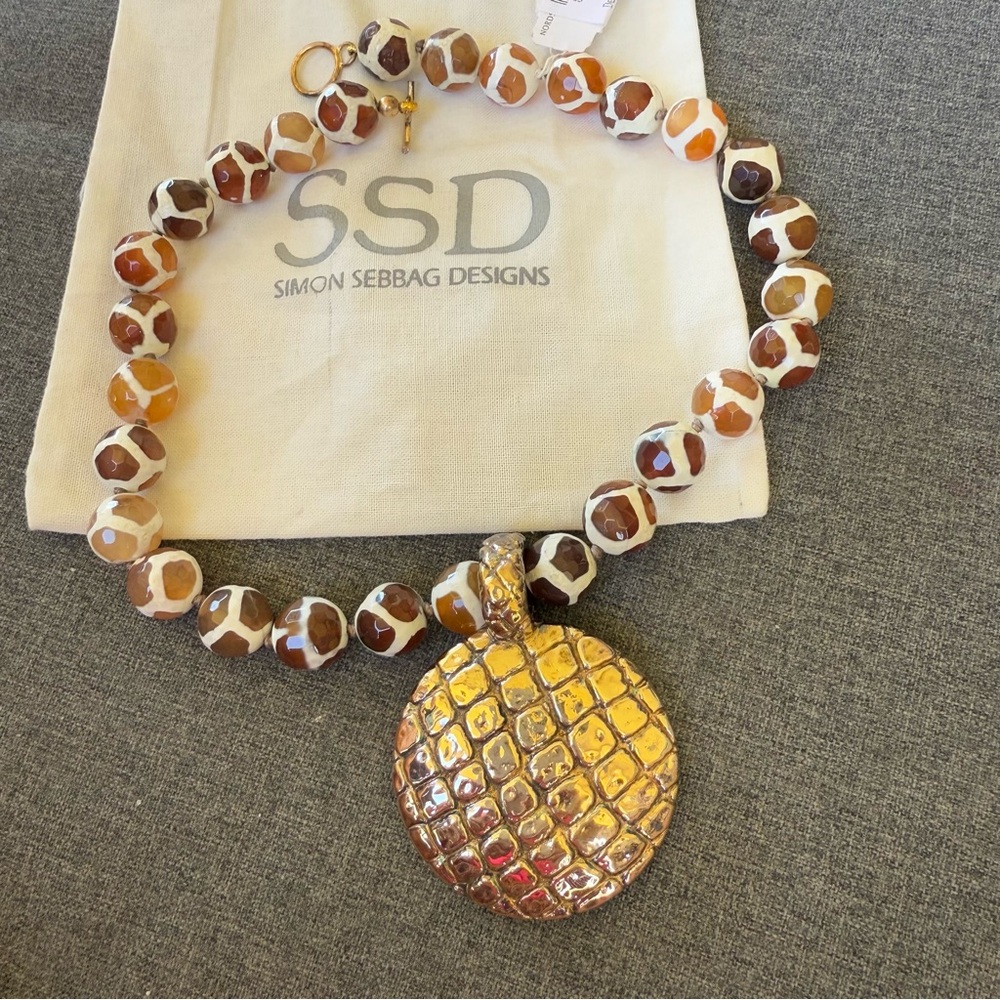 Simon Sebbag Extremely Rare Dzi Necklace with Large Gold Medallion Pendant 16”